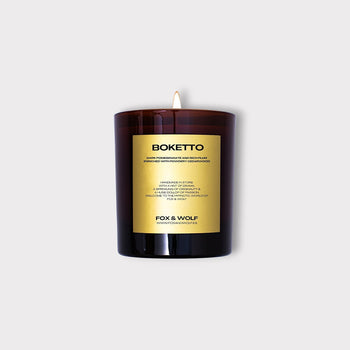 Vegan luxury Boketto scented candle with earthy and woody aromas.